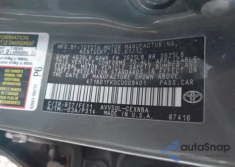 2012 Toyota Camry Hybrid Le from USA, damaged, VIN 4T1BD1FK0CU009401